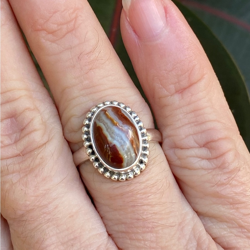 GEMSTONE Laguna Lace Agate dainty ring, Solid Sterling Silver, simple setting.